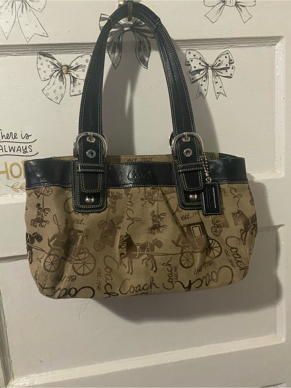 Coach Tan Signature Canvas Shoulder Bag with Black Leather Trim